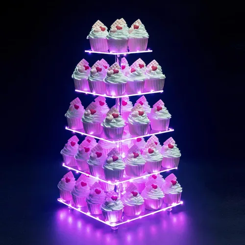 Miniatura 20 de Soporte para Cupcakes, Soporte Redondo para Cupcakes de 4 Niveles con Tira de Luces LED, Torre de Exhibición de Cupcakes de Acrílico para Bodas, Azul