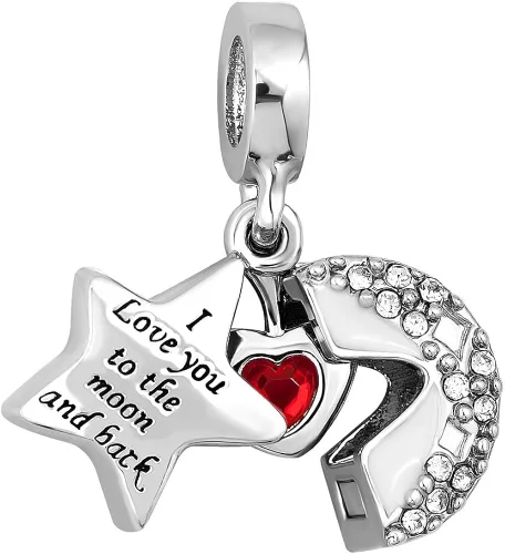 CharmSStory Abalorio de corazón con texto en inglés "I Love You to The Moon and Back" para pulseras, vidrio