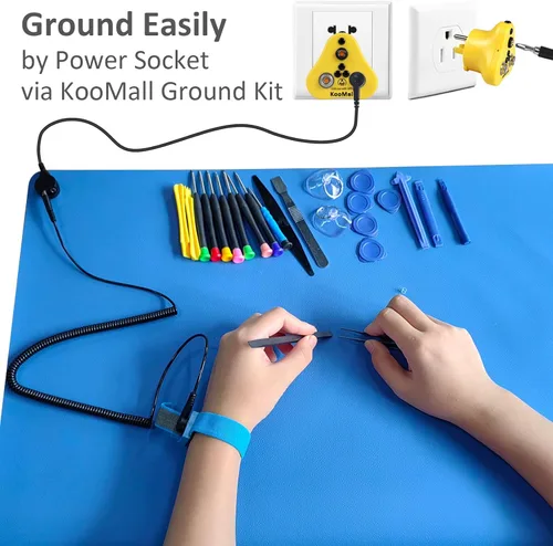 Miniatura 2 de KooMall - Alfombrilla de goma ESD de 60 x 24 pulgadas con textura para piso de banco con correa de muñeca antiestática, kit de enchufe de conexión a