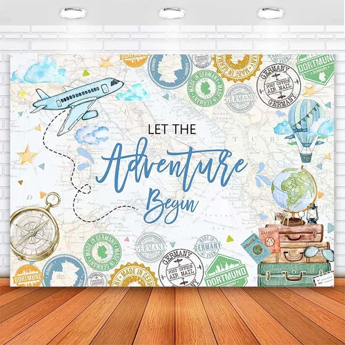 Avezano Fondo de viaje con texto en inglés "Let The Adventure Begin", cartel de fotografía con mapa del mundo de avión, fondo de viaje para