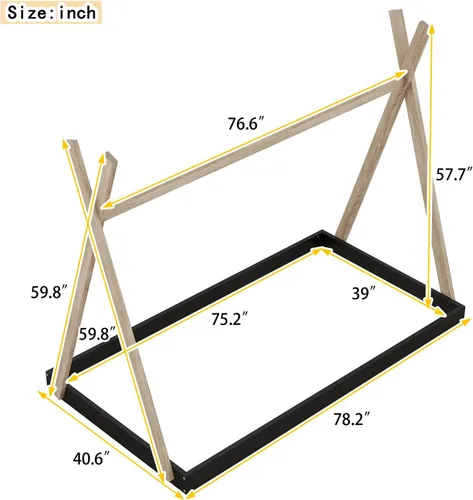 Miniatura 2 de Cama de madera con dosel de casa de tamaño individual con valla triangular, base de cama individual para dormitorio, niños, niñas, adolescentes