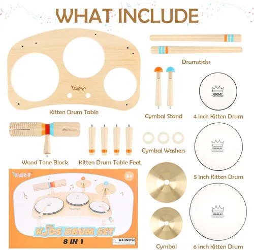 Miniatura 4 de Juego de batería para niños pequeños de 3 años en adelante, instrumentos musicales Montessori 8 en 1, juguetes musicales de madera para bebé