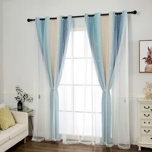 Miniatura 5 de vctops Cortinas opacas con diseño de rayas degradadas para ventana, de doble capa, de tul, cortinas recortadas con estrellas para dormitorio de Azul