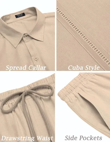 Miniatura 5 de COOFANDY Conjunto de camisa y pantalón corto de lino para hombre, traje de manga corta con botones de algodón, Albaricoque
