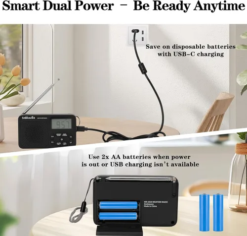 Miniatura 7 de Radio AM FM, radio portátil NOAA para emergencias, pequeña radio digital con almacenamiento de modo dual, sintonizador digital, temporizador
