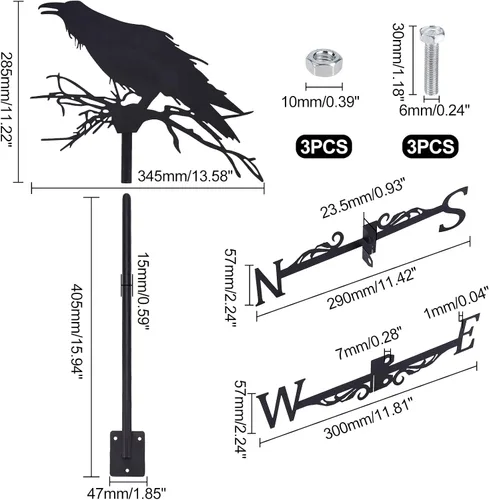 Miniatura 2 de SUPERDANT Veleta de cuervo para patio, veletas de viento de metal, soporte de techo para jardín exterior, veletas negras, granja, granero