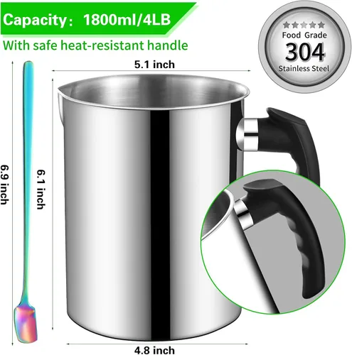 Miniatura 2 de Olla para hacer velas, 60.9 fl oz/60 onzas, olla de fusión de cera de doble caldera, jarra de acero inoxidable 304 con mango resistente al calor