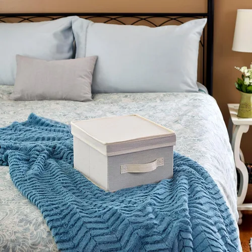 Miniatura 3 de Household Essentials 111 Caja de almacenamiento con tapa y asa, lona beige natural, tamaño mediano, ribete natural