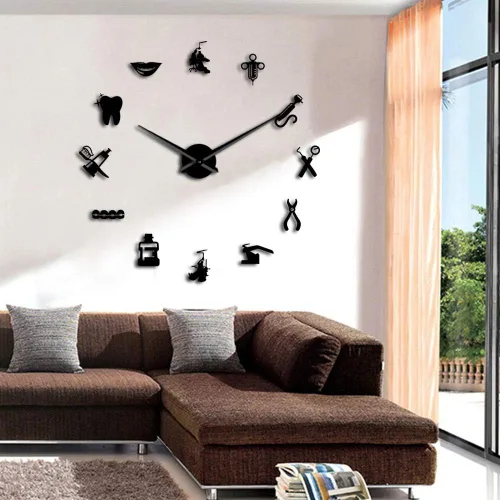 The Geeky Days Reloj de pared gigante con signo de dentista con efecto espejo, reloj dental, arte de pared, decoración del hogar, reloj grande sin