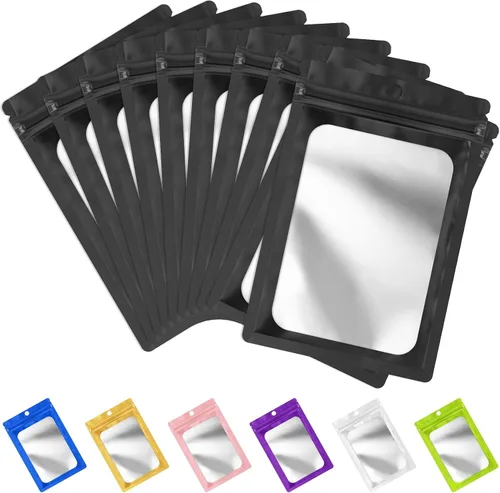 FUNFERY - Paquete de 100 bolsas resellables de Mylar con ventana transparente esmerilada, bolsa con cremallera a prueba de olores para