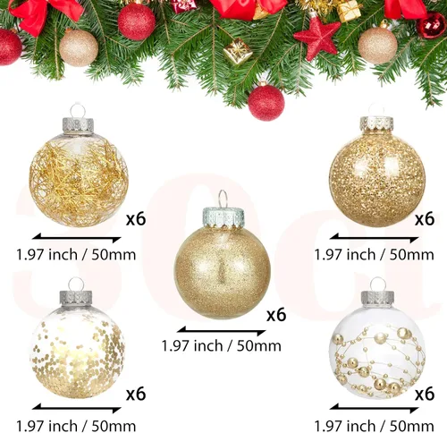 Miniatura 2 de 30 adornos de bola de Navidad transparentes inastillables, esferas decorativas de Navidad, esferas delicadas decoraciones (1.97''/50mm, dorado)