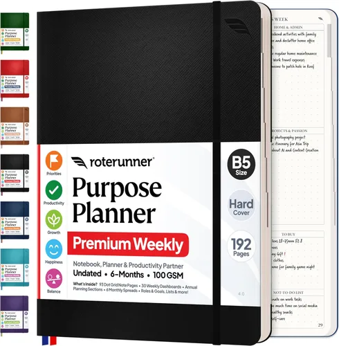 Roterunner Cuaderno Planificador de Propósito B5 19 cm x 25 cm Sin Fechas 2026 Planificador Diario, Semanal y Mensual de Productividad y
