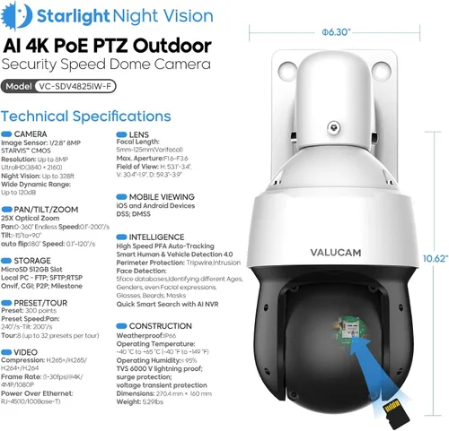 Miniatura 7 de 4K PTZ PoE IP Cámara Cúpula de Alta Velocidad para Exteriores - Zoom Óptico de 25x (5-125mm), Seguimiento Automático PFA, Detección de Cara IVS