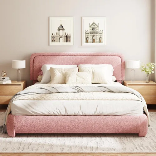Miniatura 16 de Base de cama Boucle tamaño King, plataforma tapizada en nube con cabecero ajustable en altura y esquinas redondeadas suaves, no necesita somier, sin