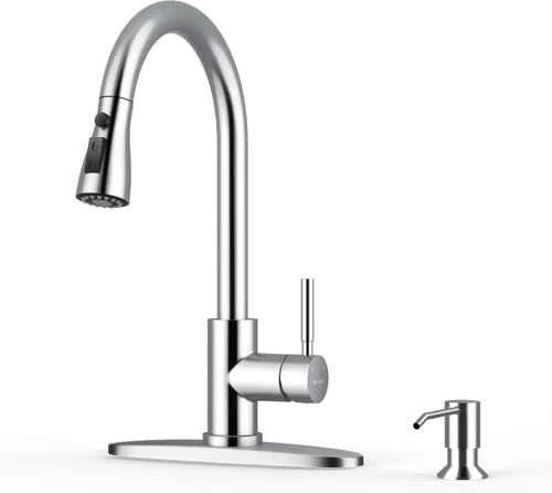 Miniatura 28 de WEWE Grifos de cocina con pulverizador desplegable, grifo de cocina de estilo granja en bronce cepillado con aceite, comercial, moderno, de arco