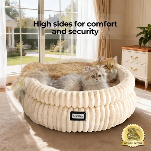 Miniatura 2 de BALANCE Cama para gatos, cama redonda lavable para gatos de interior, cama de felpa súper suave de piel sintética para cachorros y gatitos con parte