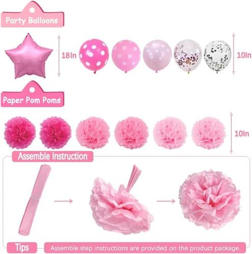 Miniatura 5 de Decoraciones de fiesta de cumpleaños rosa, decoración rosa claro y blanco con pancarta de feliz cumpleaños, flores de pompones de tela, globos rosa