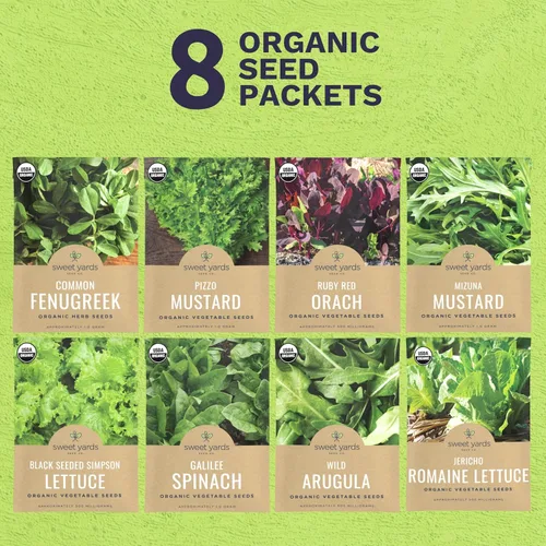 Miniatura 2 de Paquete variado de semillas de lechuga orgánicas tolerantes al calor, 8 paquetes individuales, temporada 2026, espinacas Galilee, rúcula silvestre