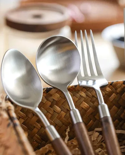 Miniatura 6 de Juego de cubiertos de madera para 6 cubiertos de acero inoxidable 18/10, mango de nogal, 24 piezas de cubiertos de madera, juego de utensilios