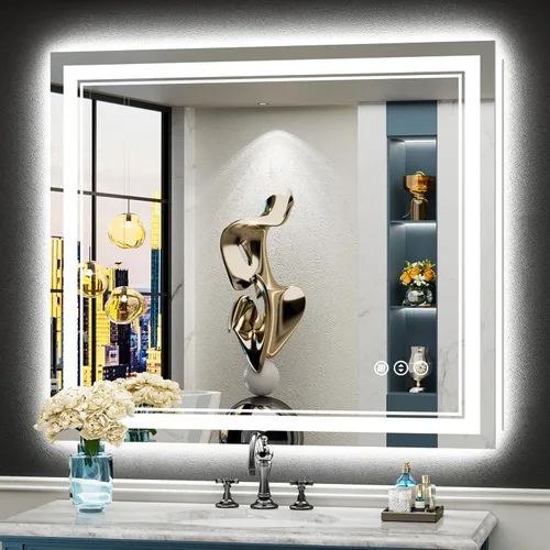 Miniatura 42 de 30x36 Espejo de baño LED con luces, retroiluminado y luz frontal, espejo de tocador iluminado antivaho para pared de baño, 3 colores, regulable