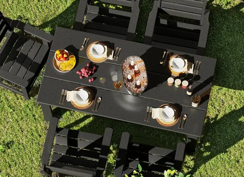 Miniatura 4 de GREENVINES Juego de comedor al aire libre de 7 piezas Juegos de mesa y sillas de plástico HDPE de 67 pulgadas para 6 Muebles de patio Todo
