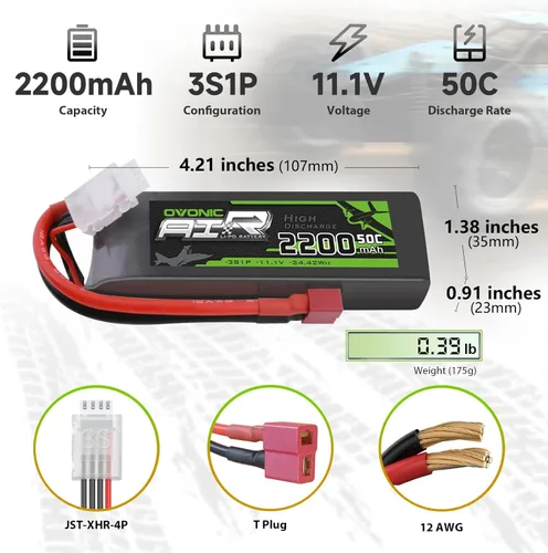 Miniatura 2 de OVONIC Batería Lipo 3S 50C 2200mAh 11.1V Lipo batería con conector T estilo Dean para aviones RC cuadricóptero, helicóptero FPV Drone