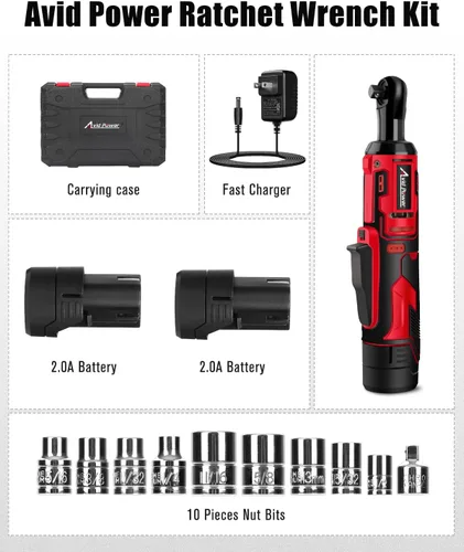 Miniatura 7 de AVID POWER Llave de trinquete eléctrica inalámbrica de 3/8", 44.2 pies-libras Kit de llave de trinquete eléctrica de 12V con dos baterías de 2.0Ah