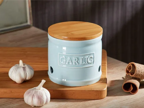 Miniatura 3 de ONEMORE Soporte de ajo con tapa, recipiente de ajo de cerámica de 4 pulgadas, azul claro