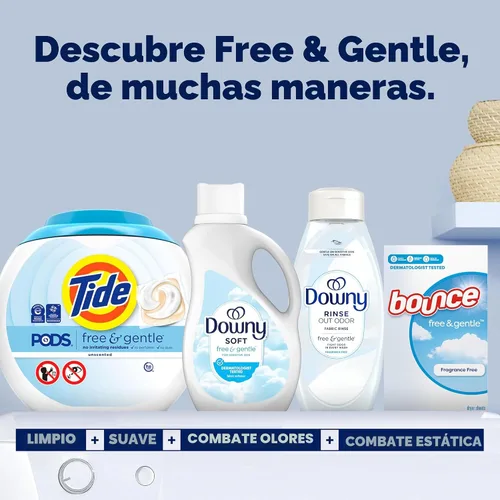 Miniatura 8 de Suavizante líquido para telas Downy Free & Gentle, 44 fl oz, 60 cargas, hipoalergénico, acondicionador de tela líquido apto para pieles sensibles
