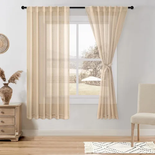 Miniatura 48 de DWCN Cortinas traslúcidas de lino floral, bolsillo para barra y pestaña trasera, cortina de mezcla de lino para dormitorio, sala de estar, cortinas