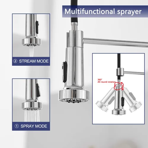Miniatura 6 de VOTON Grifos de cocina cromados con rociador extraíble, grifo comercial de fregadero con resorte de acero inoxidable con tirador hacia abajo, mango
