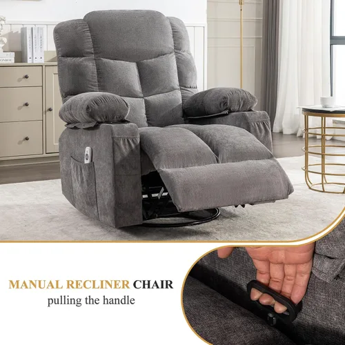 Miniatura 5 de MAHOMICO Swivel Rocker Recliner Chair with Vibration Massage and Heat for Living Room,with Rocking Function and Side Pocket, USB Charge Port,2 Cup