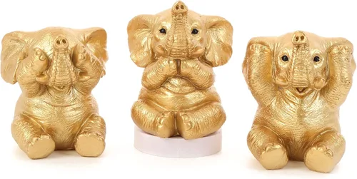 Juego de 3 estatuas doradas de elefante de buena suerte, decoración del hogar, figuras de elefante geniales para estante, sala de estar, oficina,