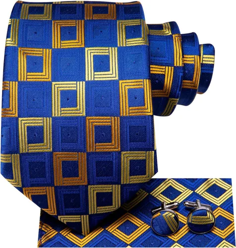Miniatura 285 de Hi-Tie Corbata clásica de cachemira para hombre con pañuelo y gemelos a cuadros
