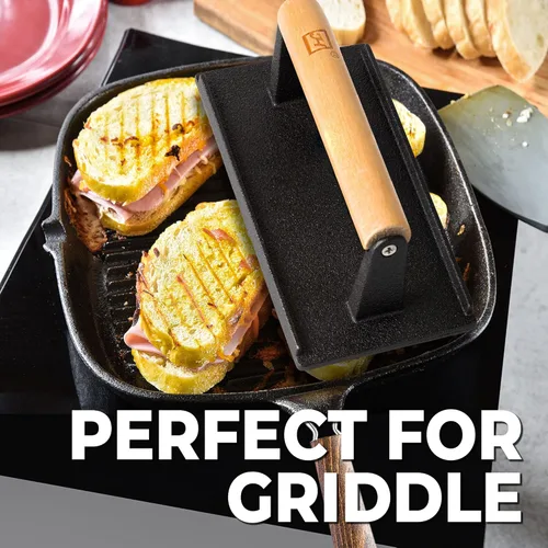 Miniatura 4 de Prensa para parrilla de hierro fundido (juego de 2) – Prensa de plancha de 2.6 libras con mango de madera de tacto frío – Pre-sazonada para carnes