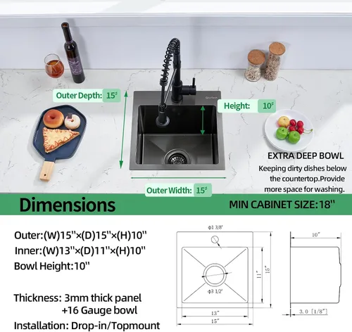 Miniatura 3 de Fregadero de cocina de 15 x 15 pulgadas, fregadero de preparación de barra de montaje superior de 16 calibre 16 T-304 de acero inoxidable negro