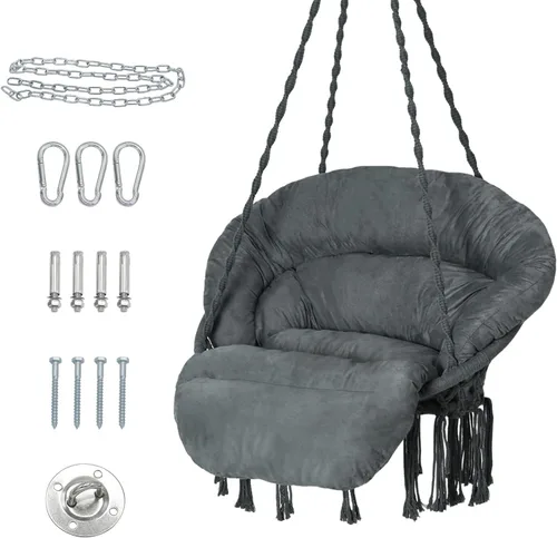 Silla hamaca con cojín, silla columpio de macramé hecha a mano con kits de herrajes para colgar, silla colgante de cuerda de algodón estilo bohemio
