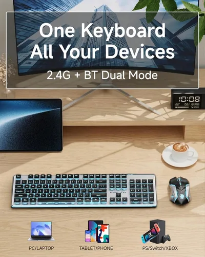 Miniatura 3 de SEUNKWANG EWEADN V3 Combo de Teclado y Mouse Inalámbrico con Retroiluminación Azul, Panel Metálico, Teclado y Mouse de Computadora Recargable Negro
