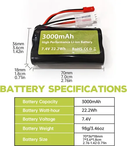 Miniatura 2 de Batería de iones de litio de 7.4 V 3000 mAh 15C 2S con enchufe JST-2P con cargador 2 en 1 para UDIRC UD1601 UD1602 SG1603 RC Car 1/10, 1/12, 1/16