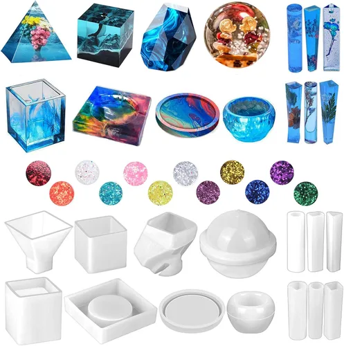 Kit de moldes de resina de silicona, 26 piezas, moldes epoxi, fundición grande con 12 lentejuelas de purpurina para fundición UV, incluyendo esfera,