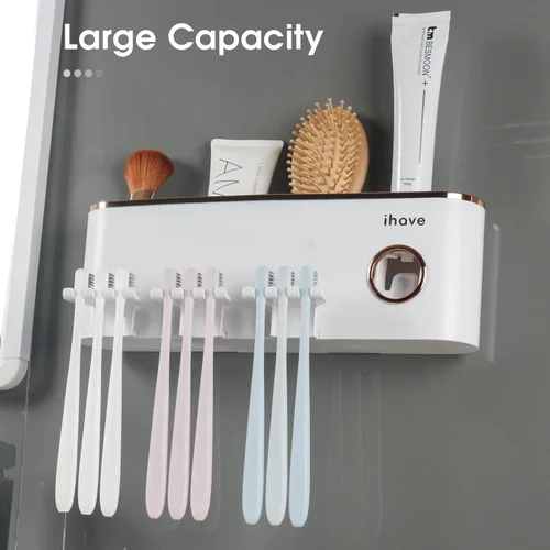 Miniatura 2 de iHave Portacepillos de dientes, accesorios de baño con dispensador de pasta de dientes, 3 tazas, soporte para cepillos de dientes, decoración