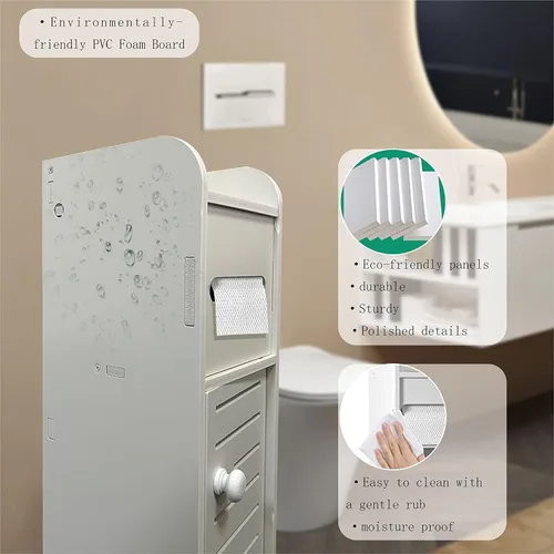 Miniatura 5 de Armario de almacenamiento pequeño para baño, organizador de papel higiénico delgado con 2 puertas y estantes, armario de almacenamiento sobre