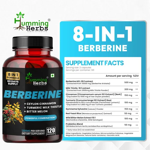 Miniatura 2 de Humming Herbs Complejo de berberina: fórmula 8 en 1 con canela de Ceilán, cúrcuma, cardo mariano, gimnasia, melón amargo, arroz de levadura roja
