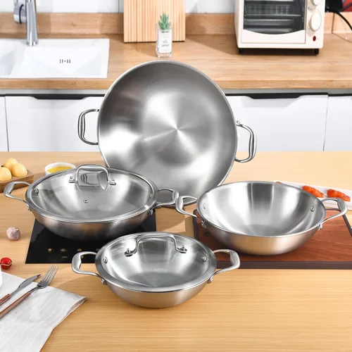 Miniatura 6 de LOLYKITCH Sartén wok de acero inoxidable de tres capas de 12 pulgadas con tapa, Kadai, olla de inducción de 5 cuartos de galón, apta