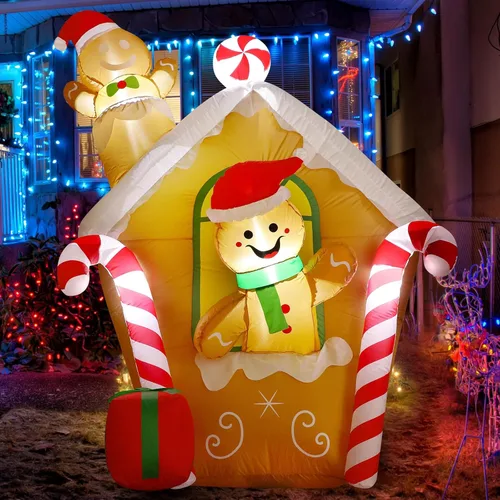 MiniInflat Casa de jengibre inflable navideña de 5.4 pies, decoraciones navideñas para exteriores, decoración inflable navideña para patio con LED