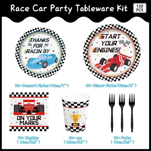 Miniatura 2 de 120 piezas Platos de Fiesta de Coches de Carreras Servilletas con Cuadros Suministros de Cumpleaños de Coches de Carreras para Niños Niños Vajilla