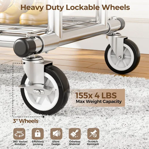 Miniatura 4 de HYSEYY Perchero de ropa resistente, perchero de ropa rodante con estantes con carga de 620 libras, percheros de ropa de doble barra para colgar