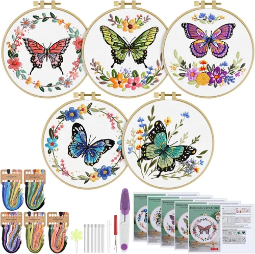 Miniatura 8 de ERKOON 5 Kits de Bordado para Principiantes, Juego de Costura Manual de Manualidades Kit de Inicio de Punto de Cruz de Hongos, Kits de Bordado DIY