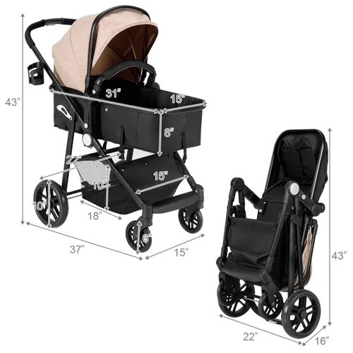 Miniatura 7 de BABY JOY Cochecito de bebé, cuna convertible 2 en 1 a cochecito, silla de paseo con funda para pies, soporte para tazas, gran espacio de Café claro