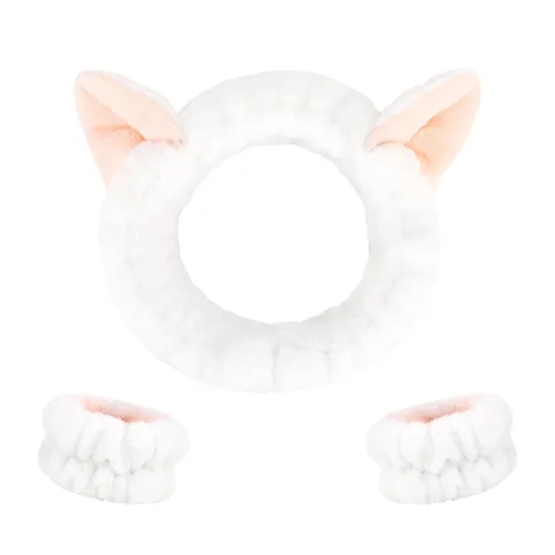 Miniatura 9 de CAVETEE Diadema, juego de 3 piezas de diadema y pulsera de oso de peluche rosa esponjoso para maquillaje para mujeres, juego de diadema y pulsera
